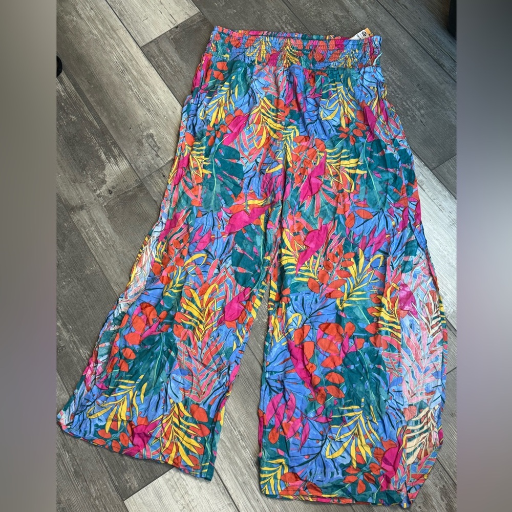 Kona sol swim coverup pants high slit beach tropical print NWT